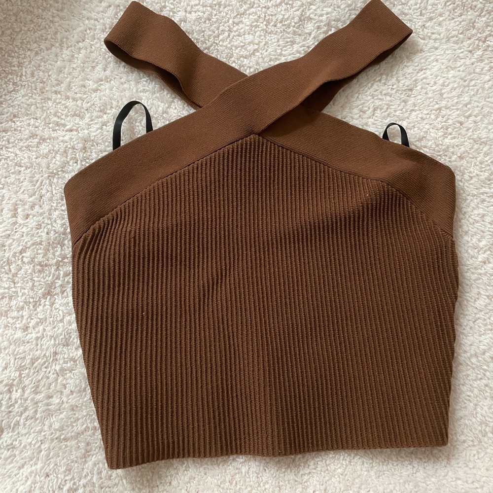 Brown Aritzia Babaton Sculpt Knit Criss Cross Cropped Tank